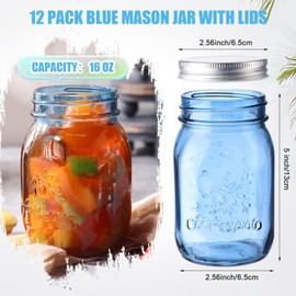 Yaomiao 12 Pack Mason Jars with Lids 16oz Regular Mouth Pint Vintage Canning Jars Centerpieces Bulk Airtight Glass Jar Container for Storage Pickling Fermenting Preserving DIY Crafts(Blue)