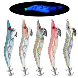 Luminous Squid Jig Shrimp Lure Fishing Squid Lures Artificial Baits Kit for Octopus Cuttlefish Hard Sinking Lures Fishing Squid Jigs for Saltwater Freshwater(3.0#-12cm-5pcs)