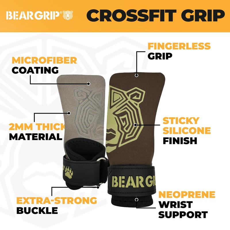 BEAR GRIP - Crossfit Grip (MicroFibre BrownGrey No-Hole, S)