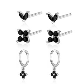 Seleneva 3 Pairs 925 Sterling Silver Stud Hoop Earrings Set for Women Girls Suitable Daily Use Earrings Stacks Dainty Small Stud Hoop Earrings Sets for Multiple Piercings (black)