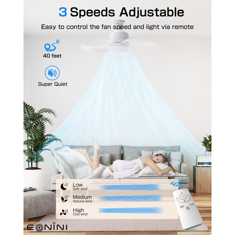 Eonini 2-in-1 Socket Fan Light with Remote, Small Ceiling Fans