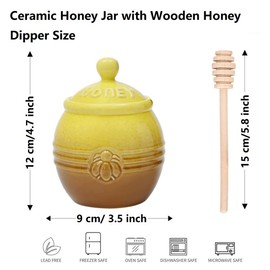 Kosmeey 12oz Ceramic Honey Jar with Wooden Dipper Stick-Honey Pot with Dipper, Yellow Honey Dispenser, Farmhouse Kitchen Great Bee Decor, Porcelain Honey Jar Easy to Clean for Mother's Day Wife Gift
