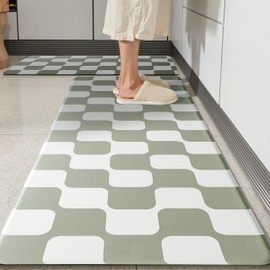 Sage Green Retro Curvy Checkered Grid Checkerboard Kitchen Rug Sets [2 PCs], Anti-Fatigue, Waterproof Non-Slip Kitchen Mats Heavy Duty Comfort Foam Rug for Floor, Home, Laundry,17"x29"+17"x47"