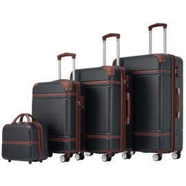 Merax 20”+24”+28” Luggage and Cosmetic Set of 4, Hard Shell Luggage Sets with Double Spinner Wheels and TSA Lock, 4 Piece Lightweight Suitcase Set, Black