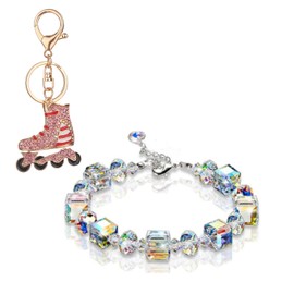 Cute Bling Crystal Skates Keychain with 1 Pcs Sugar Cube Rhinestone Bracelet, Gold Sparkling Alloy Charm Sport Pendant (A2)