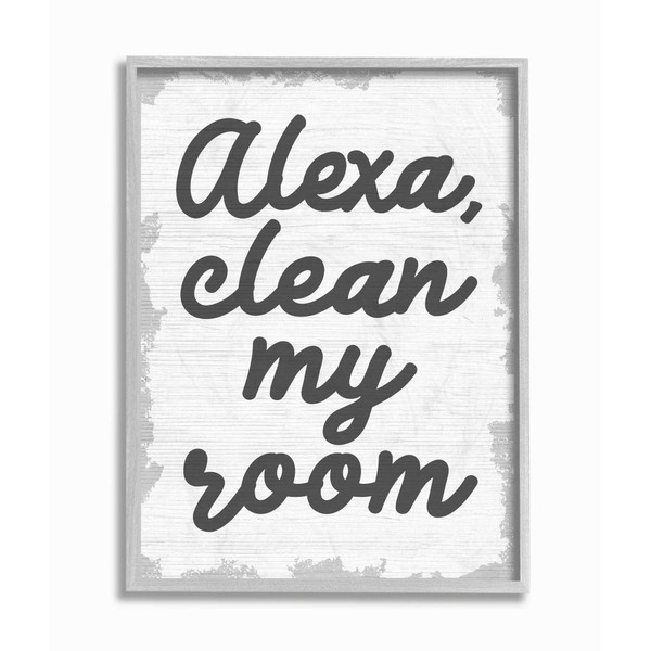 Stupell Industries Alexa Clean My Room Kids Funny Word, Design by Artist Daphne Polselli Wall Art, 11 x 1.5 x 14, Grey Framed