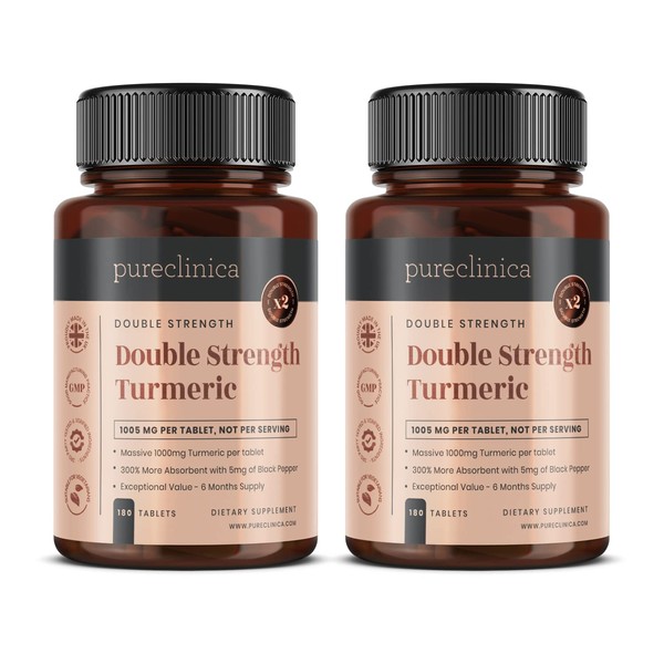 Double Strength Turmeric - 1000mg x 360 Tablets (2 Bottles of 180)- Natural Levels of Curcumin - and 5mg Black Pepper Extract.