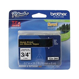 Brother Genuine P-Touch TZE-344 Tape, 3/4" (0.7 mm) Standard Laminated P-Touch Tape, Gold on Black, Laminated for Indoor or Outdoor Use, Water-Resistant, 26.2 ft (8 m), Single-Pack
