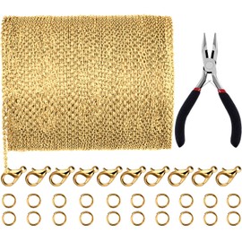 JOVITEC 39.4 Feet 2 mm Link Chain Necklace Jewelry Plier with 30 Pieces Lobster Clasps and 100 Pieces Jump Rings for Jewelry Accessories DIY (Gold)