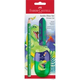 FABER-CASTELL 111529 Dino Writing Set with Jumbo Pencil, Sharpener and Eraser, School Set for Children