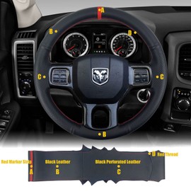 Black Side Perforated Leather Red Marker Steering Wheel Protector Cover Hand-Stitch on Wrap Fit for Dodge Ram Heavy Duty 1500/2500/3500/4500/5500 2013-2019 (Red Mark Strip)