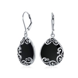 Boho Western Birthstones Semi Precious Gemstone Large Flat Tear Filigree Scroll Lever Back Dangle Earrings for Women Oxidised .925 Sterling Silver, Onyx, Onyx