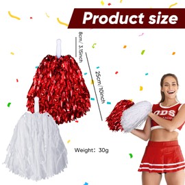 4 Pcs Pom Poms Cheerleading Spirited Fun Pom Poms Cheer Metallic Foil Handle Cheerleading Poms Cheer Squad Team for Party, Sports Dance Cheer, 30 Grams Weight Each (White, Metallic Red)
