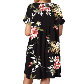 Jayscreate Women's Summer Shift Dress Baby Doll with Pockets Casual V Neck Flowy Tunic Pleated Mini Black Floral Print Sundresses Dresses for Women Loose Fit