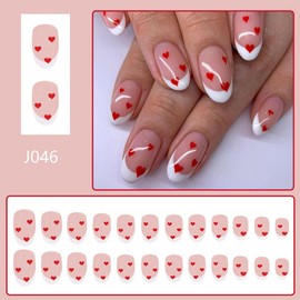 Valentines Press on Nails Medium Almond Fake Nail with Red Heart Designs White French tips False Nail Glossy Heart Nails Reusable Valentines Day Nails for Women Holiday Manicure 24pcs