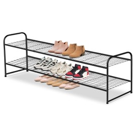 AOODA Long 2 Tier Shoe Rack for Closet Metal Wide Stackable Shoe Storage Organizer for Entryway, Bedroom, Floor, 18-Pairs Low Shoe Shelf, Black