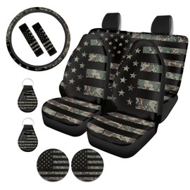 GIFTPUZZ American Flag Complete 11-Piece Car Accessories Set for Women – Universal Fit Seat Covers, Stylish Car Keychain, Comfort Seat Belt Pads, 15-Inch Steering Wheel Cover & Coaster Cup