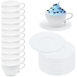 Silicone Muffin Cups for Baking, 24 Pcs Teacup Cupcake Liners, Reusable Muffin Liners, Silicone Cupcake Baking, 12 Cups & 12 Saucers, White