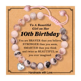 10th Birthday Gifts for Girls,10th Birthday Bracelet as Gifts for 10 Year Old Girl, Pink Natural Stone Heart Bracelet as 10 Year Old Girl Birthday Gifts as Christmas Gifts