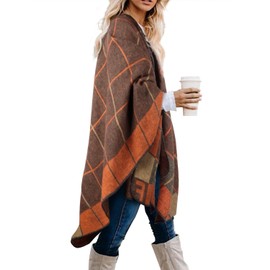 LittleMax Women's Shawl Wraps, Fall Clothes Open Front Boho Cardigan Plaid Knitted Sweater, Brown