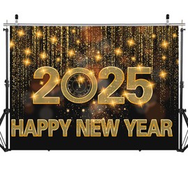 SJOLOON 2025 Happy New Year Backdrop Gold Glitter Backdrop for New Year Party Decoration Family Gathering 12732 (7x5FT)