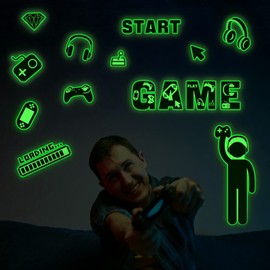 AIBAOBAO 20 Pcs Glow in The Dark Start Game Wall Sticker,Eat Sleep Game Repeat Luminous Wall Decals for Game Room Nursery Boys Bedroom Wall Decoration Decal Lettering Stickers Home Decor