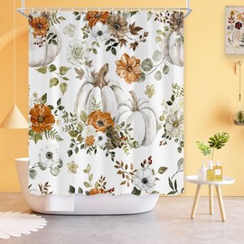 Pumpkin Shower Curtain with Elegant Boho Floral, Fall Autumn Farmhouse Flower Pumpkin Decorative Curtain Rustic Happy Thanksgiving Fabric Shower Curtain Fall Bathroom Decor Bathtub Accessories 72X72IN