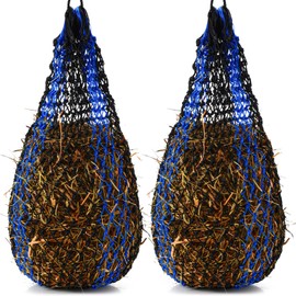 Wesnoy 2 Pcs Slow Feed Hay Bag 36 Inch Ultra Slow Hay Feeders 1.5 x 1.5 Inch Holes Hay Nets for Horses Goat Livestock Horse Supplies, Black and Blue