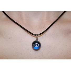 Shasta Visions Peace Sign Earth Marble Necklace 1/2" Blue Recycled Glass Orb w Black Waxed Cord