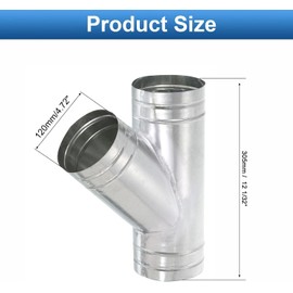 TOP-VIGOR 5" Inch to 5" Inch Wye Shape Duct Splitter, 45° Degree Dust Fitting Adapter, 3 Way Duct Hose Connector, Galvanized Steel Branch for Exhaust Fan, Dryer Vent Hose, Industrial HVAC Ventilation