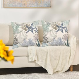 Fukeen Summer Beach Throw Pillow Covers 16 x 16 Inch Blue Ocean Sea Shell Coral Conch Starfish Summer Cushion Case for Sofa Couch Set of 2 Coastal Pillowcase Square