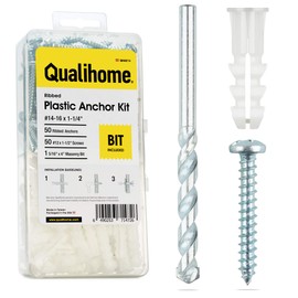 Ribbed Plastic Drywall Anchor Kit with Screws and Masonry Drill Bit, 14-16 x 1-1/4"