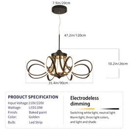 LANGLITIAODENG Chrome/Black LED Ceiling Light with Remote Control, Dimmable Lustre with 3 Color Temperature,6 Lights Chandelier for Dining Room (Black-Pendant-YF2805, Dia 35.4*H10.2 inch)