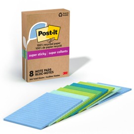 Post-it 100% Recycled Paper Super Sticky Notes, Lined, 4 in. x 6 in., 8 Pads, 45 Sheets per Pad, Oasis Collection,School Supplies and Office Products