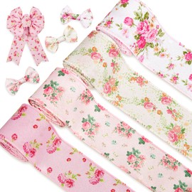 Whaline Pink Floral Wired Edge Ribbon 4 Rolls Rose Flower Pattern Ribbon Spring Summer Fabric Decorative Craft Ribbons for Mother's Day Gift Wrapping Hair Bow Sewing Wreath Crafts, 20 Yard x 2.5 Inch