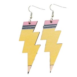 Zhang shine Lightning Bolt Dangle Drop Earrings 70s Funny Teacher Earrings for Women Wood Lightning Shape Pencil Earrings Back To School Jewelry for Teacher