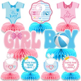 9 Pcs Gender Reveal Honeycomb Centerpieces Table Decor, Pink and Blue Baby Shower Party Decorations, Team Boy or Girl Voting Signs, Baby Bodysuit & Question Mark Table Toppers for Gender Reveal Party