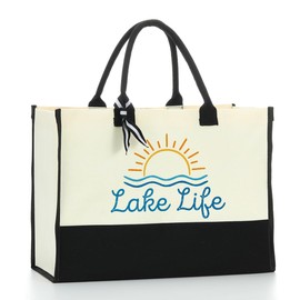 Lake Life Gifts Canvas Tote Bag Lake Gifts Beach Bag Lake House Gifts Boating Gifts for Women Mothers Day Birthday Summer Vacation Gifts Reusable Shopping Tote Grocery Bag for Lake Lovers Female Lady