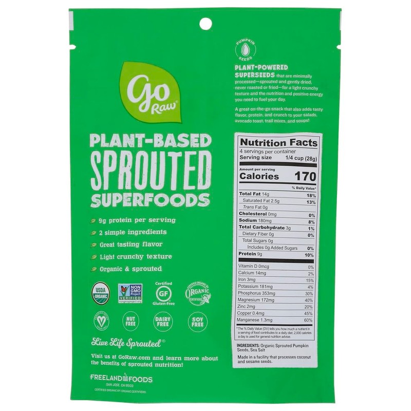 Go Raw, Sprouted Pumpkin Seeds with Sea Salt, Organic, 4Oz