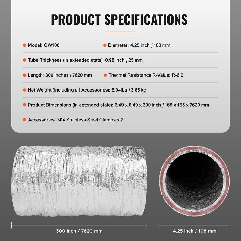 VEVOR 4 Inch Insulated Flexible Duct R-6.0，25 Feet Long with