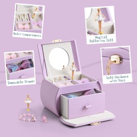 Vlando Kids Musical Jewelry Box for Girls with Drawer, Music Box with Ballerina and Stickers for Birthday Bedroom Decor, Gifts for Girls Kids Christmas Thanksgiving Gifts 2024 - Purple