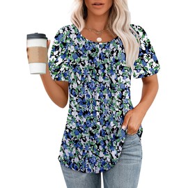 Chicrise Women's Summer Short Sleeve Crew Neck Tops Pleated Casual Tunic Elegant 2025, Blue White Floral Pattern, XL