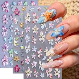 3Pcs Flower Nail Art Stickers 5D Embossed Floral Nail Decals Pink White Blue Lily Hibiscus Flowers Nail Design Tropical Floral Summer Spring Flower Nails Art Supplies Manicure Decor for Women
