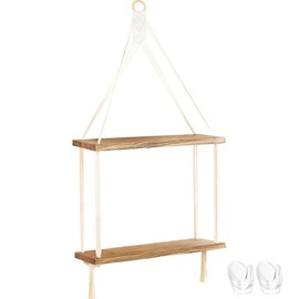 WATUNID Macrame Wall Hanging Boho Decoration with Rope, 2 Animal Handmade Corner Wooden Floating Shelf with 2 Hooks, Chic Wall Storage Shelf for Living Room, Bathroom, Bedroom, Plants Stand Display