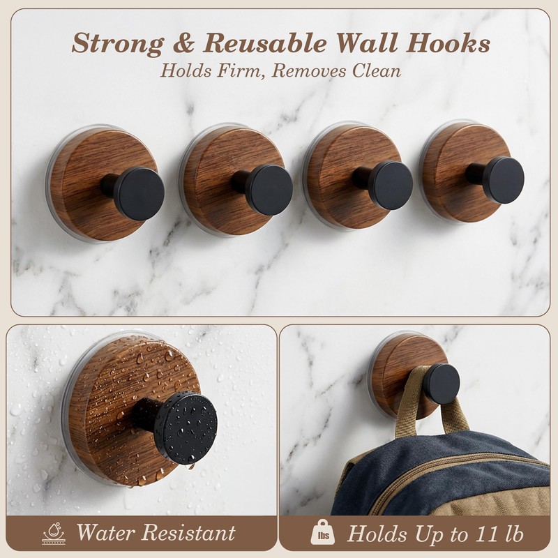 Suction Cup Hooks for Shower, No Drill Adhesive Rustic Bathroom