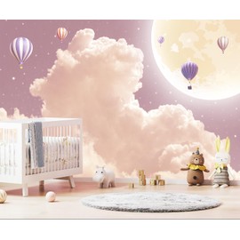 WFBHUA - Pink and Purple Clouds Wallpaper Hand-Painted Hot Air Balloons Moon Wall Mural for Children's Room Girls Room (Not Peel and Stick)