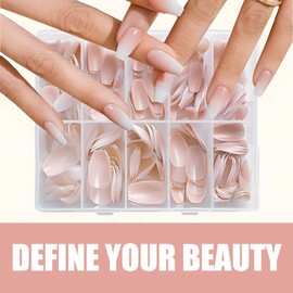 240Pcs Coffin False Nails - Ballerina French Tip Acrylic Nails with Glue - Glossy Press on Nails Kit for Women - 12 Sizes Stick on & Glue on Manicure Set