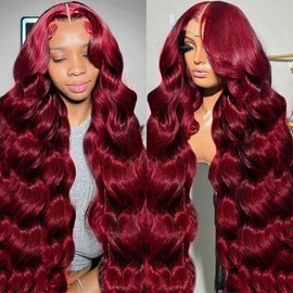 QZOQZO Pelucas de Encaje Frontal de Cabello Humano Borgoña 99j de 28 Pulgadas Peluca Borgoña Roja Densidad 180% 13x6 Ondas del Cuerpo Pelucas de Encaj