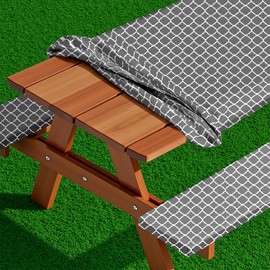 Bouiexye 3 Pcs Set Polyester Picnic Table Cover with Bench Covers, Elastic Outdoor Camping Tablecloth with Bag Backing Picnic Table Cloth Fits for Table 30"x 72" Rectangle(Gray White Morocco)