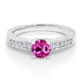 Gem Stone King 1.15 Ct Round Pink Created Sapphire E-F Lab Grown Diamond 925 Silver Engagement Ring (Size 9)
